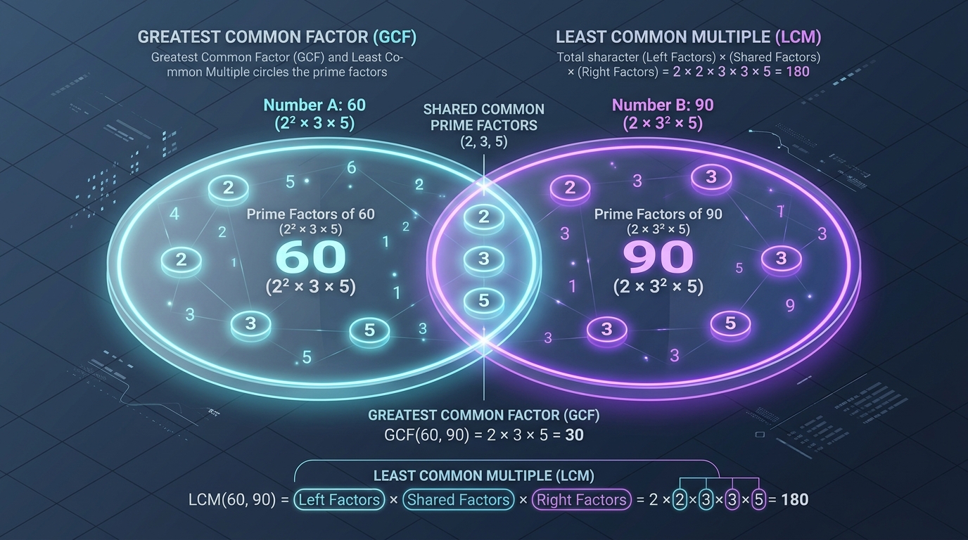 Educational guide illustration on finding greatest common factor and least common multiple