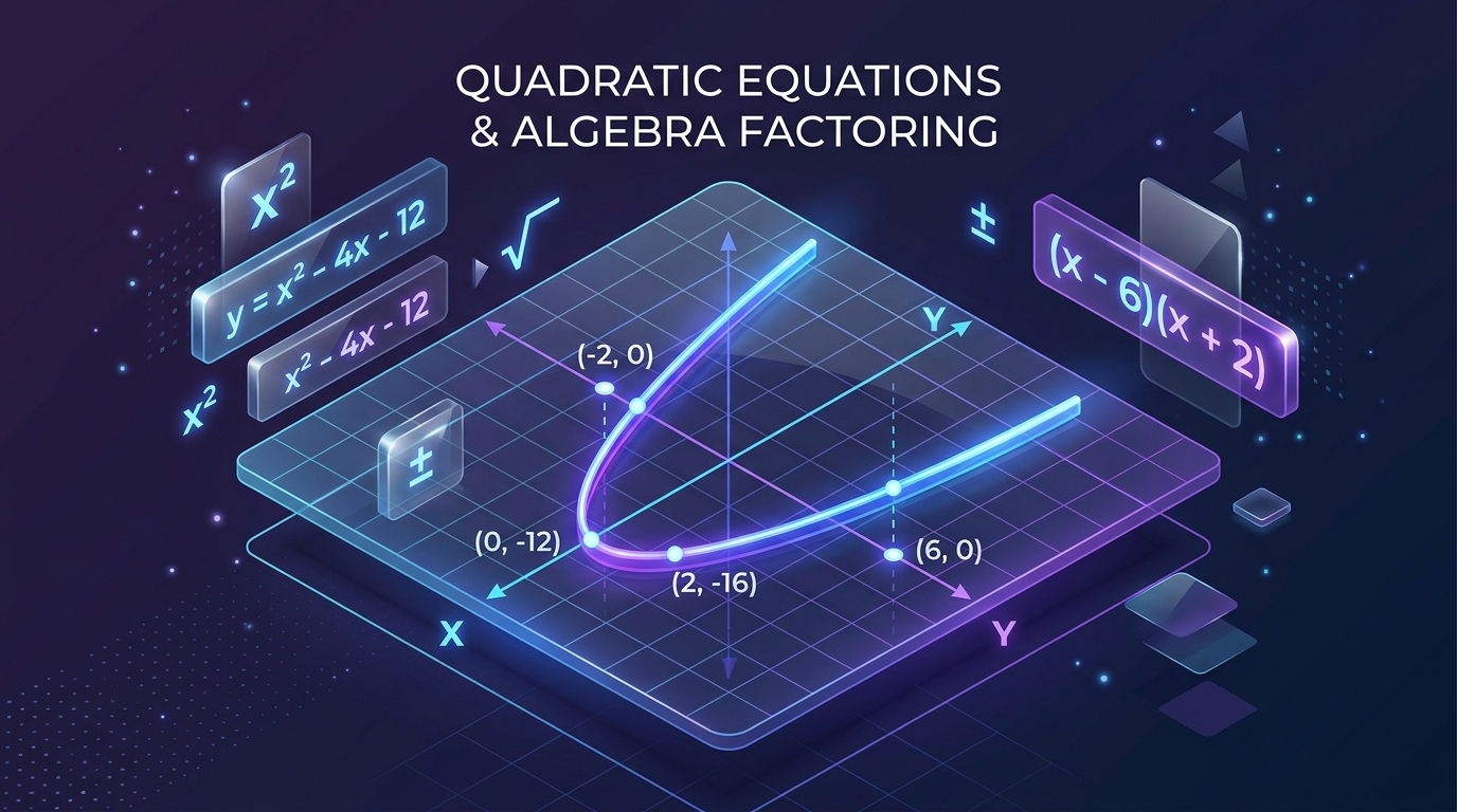 Illustration showing algebraic methods to factor quadratic equations